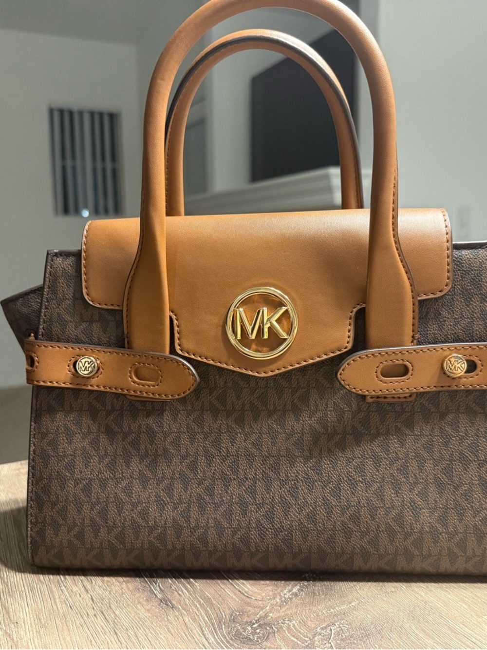 Michael Kors Brown Logo Canvas and Tan Leather Satchel with Gold MK Emblem